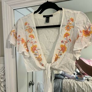 Forever 21 Cream Floral Embroidered Tie-Front Blouse